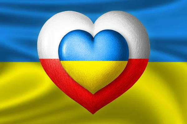 Flags of Ukraine and Poland. Two hearts in the colors of the flags on the background of the flag of Ukraine. Protection, solidarity and help concept. Coalition of States.