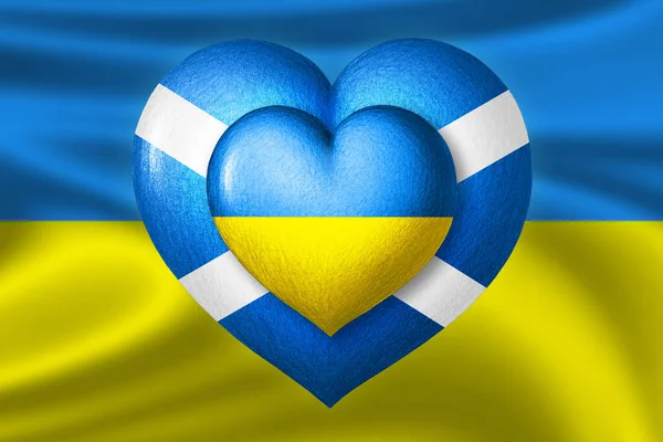 Флаги Украины Шотландии Два Сердца Цветах Флагов Фоне Флага Украины — стоковое фото