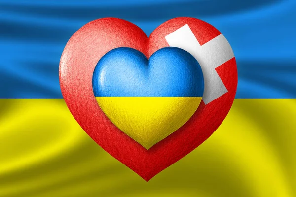 Flags of Ukraine and Switzerland. Two hearts in the colors of the flags on the background of the flag of Ukraine. Protection, solidarity and help concept. Cooperation of countries.