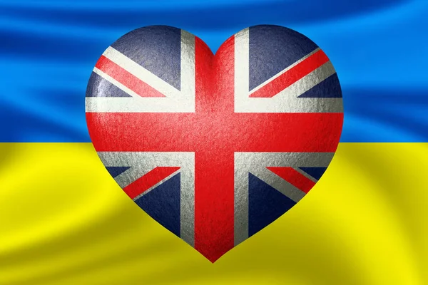 Flags of Ukraine and Great Britain. Heart color of the flag on the background of the flag of Ukraine. The concept of protection and solidarity. Military and humanitarian assistance.