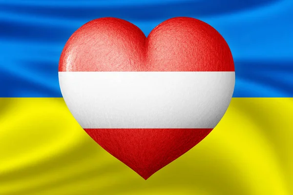 Flags of Ukraine and Austria. Heart color of the flag on the background of the flag of Ukraine. The concept of protection and solidarity. Military and humanitarian assistance.