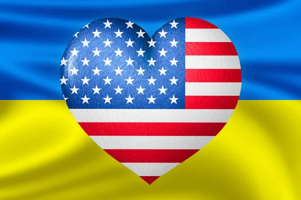 Flags of Ukraine and USA. Heart color of the flag on the background of the flag of Ukraine. The concept of protection and solidarity. Military and humanitarian assistance.