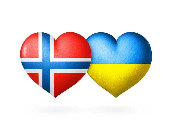 Dvě Vlajky Vlajky Ukrajiny Norska Dvě Srdce Barvách Vlajek Izolovaných — Stock fotografie