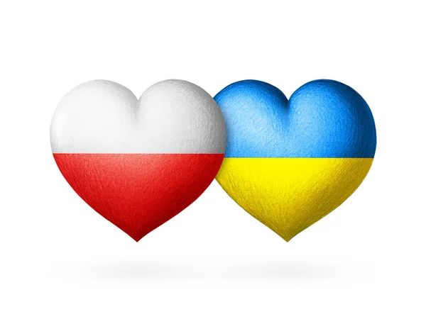 Två Flaggor Ukrainas Och Polens Flaggor Två Hjärtan Färgerna Flaggorna — Stockfoto