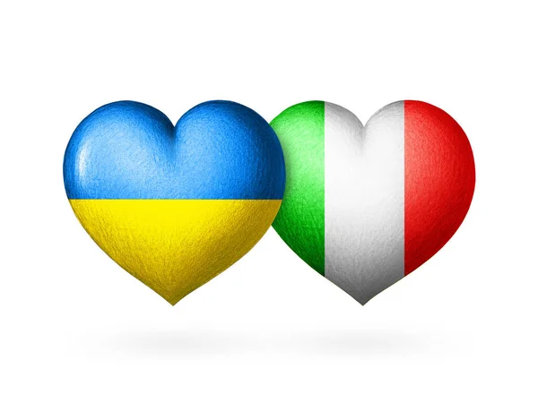 Δύο Σημαίες Καρδιά Σημαίες Της Ουκρανίας Και Της Ιταλίας Δύο — Φωτογραφία Αρχείου