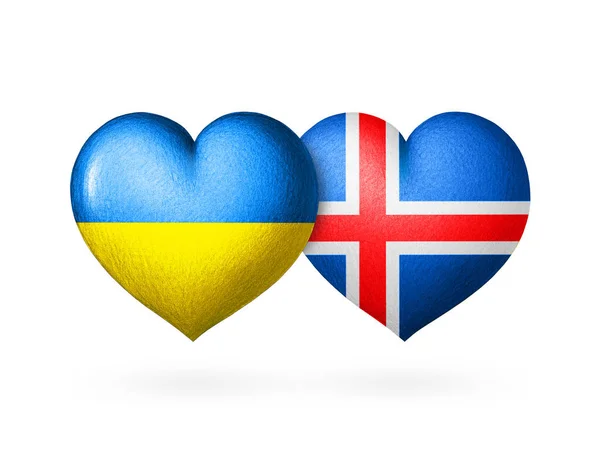 Två Flagghjärtan Ukrainas Och Islands Flaggor Två Hjärtan Färgerna Flaggorna — Stockfoto
