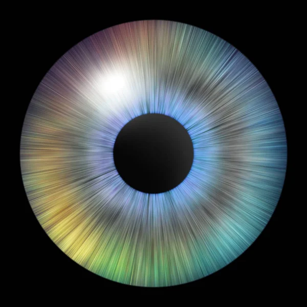 Iris of the eye. Human iris. Eye illustration. Multicolored eye on black background. Creative digital graphic design.