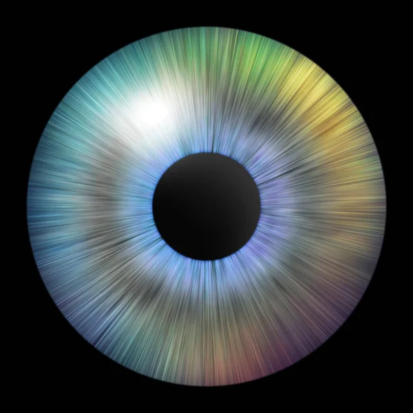 Iris of the eye. Human iris. Illustration of an eye. Multicolored eye isolated on black. Creative digital graphic design.