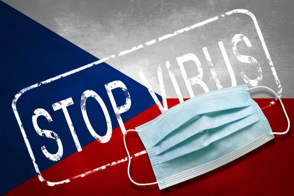 Lettering Stamp Stop Virus Medical Mask Czech Republic Flag Return — 스톡 사진