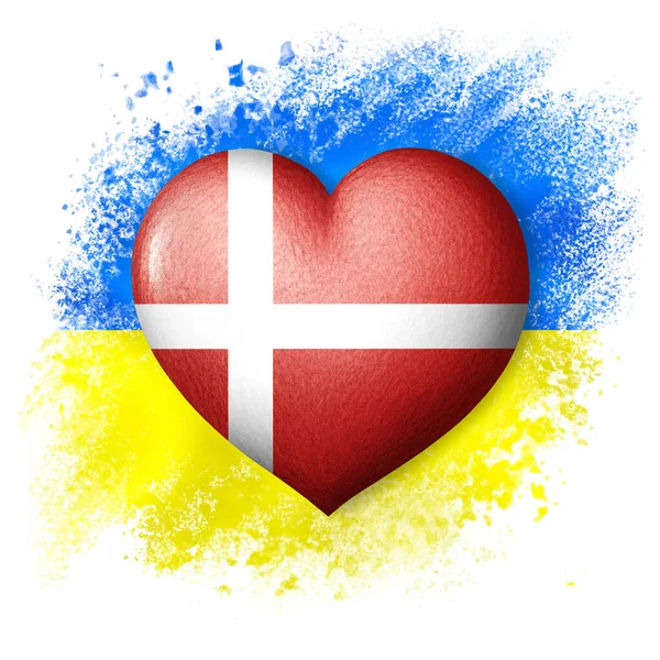 Vlajky Ukrajiny Dánska Srdce Barva Vlajky Pozadí Malované Vlajky Ukrajiny — Stock fotografie
