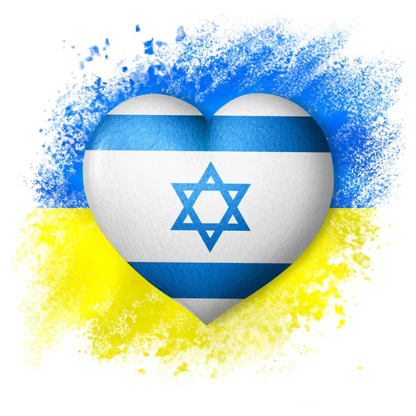 Flags of Ukraine and Israel. Heart color of the flag on the background of the painted flag of Ukraine. The concept of protection and solidarity. Military and humanitarian assistance.