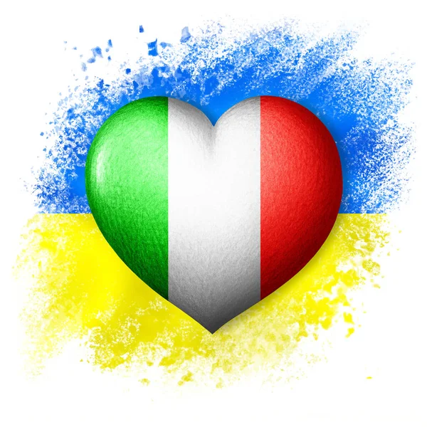 Flags of Ukraine and Italy. Heart color of the flag on the background of the painted flag of Ukraine. The concept of protection and solidarity. Military and humanitarian assistance.