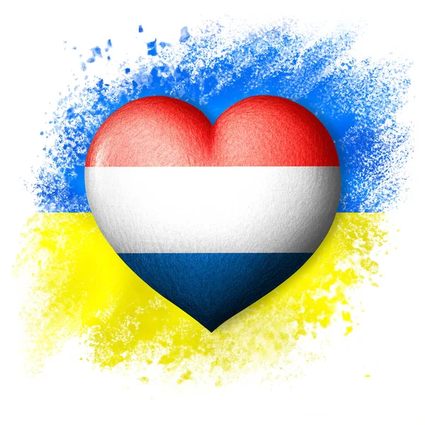 Flags of Ukraine and Netherlands. Heart color of the flag on the background of the painted flag of Ukraine. The concept of protection and solidarity. Military and humanitarian assistance.