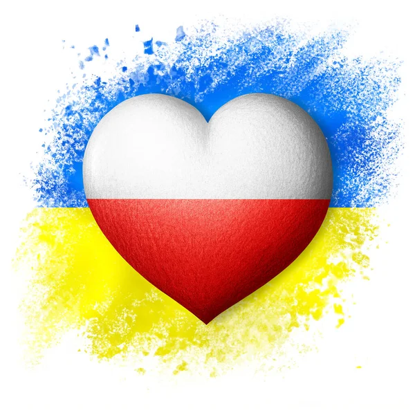 Ukrainas Och Polens Flaggor Hjärtat Färg Flaggan Bakgrunden Den Målade — Stockfoto