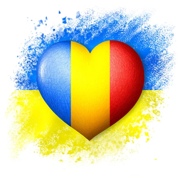 乌克兰和罗马尼亚的国旗 心彩旗背景上的国旗为乌克兰彩绘国旗 保护和团结的概念 军事和人道主义援助 — 图库照片