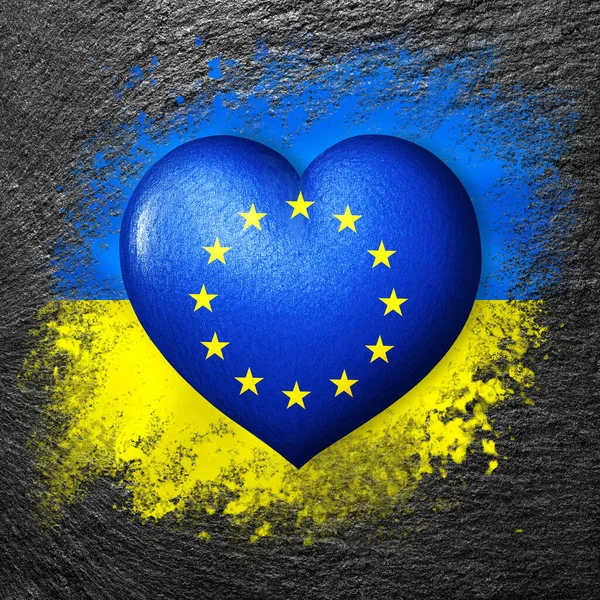 Flags Ukraine European Union Flag Heart Background Flag Ukraine Painted — Stock Photo, Image