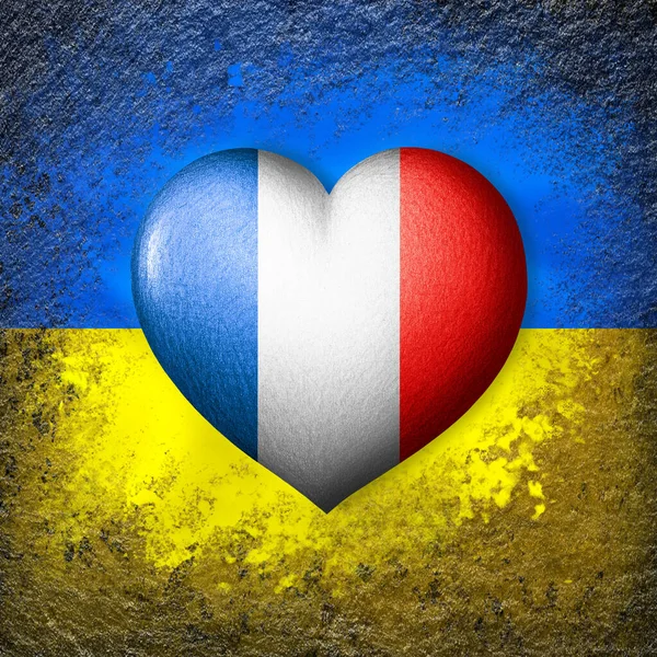 Σημαίες Της Ουκρανίας Και Της Γαλλίας Σημαία Καρδιά Στο Παρασκήνιο — Φωτογραφία Αρχείου