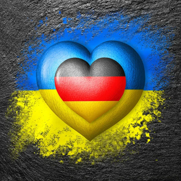 Flaggor Ukraina Och Tyskland Två Hjärtan Flaggornas Färger Målade Stenen — Stockfoto
