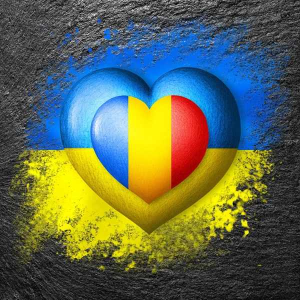 Ukrainas Och Rumäniens Flagg Två Hjärtan Flaggornas Färger Målade Stenen — Stockfoto