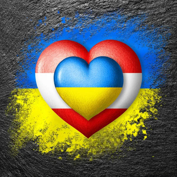 Ukrainas Och Österrikes Flagg Två Hjärtan Färgerna Flaggorna Ukrainas Flagga — Stockfoto