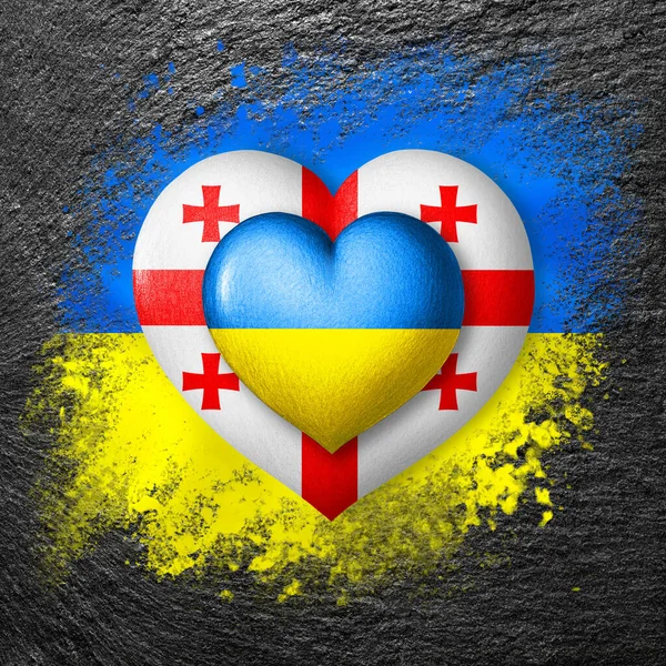 우크라이나와 조지아의 국기이다 우크라이나 국기에 깃발에 사람의 그려져 있었다 그리고 — 스톡 사진
