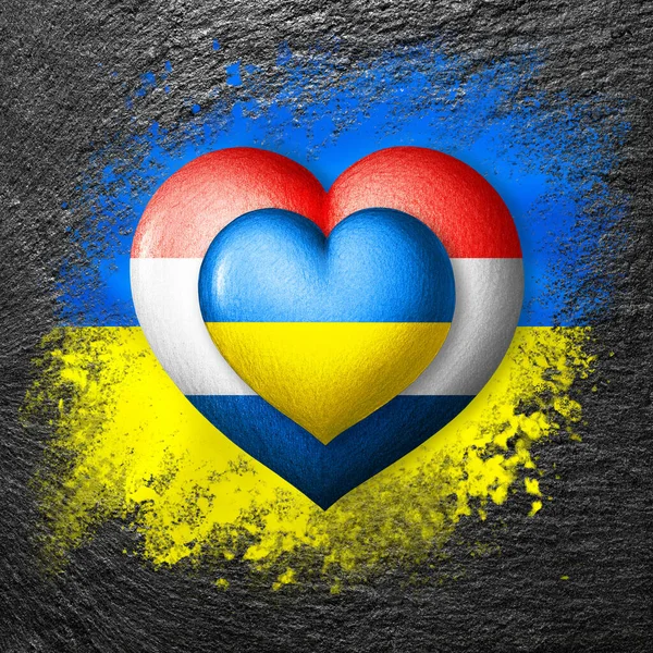 Flaggor Ukraina Och Nederländerna Två Hjärtan Färgerna Flaggorna Ukrainas Flagga — Stockfoto