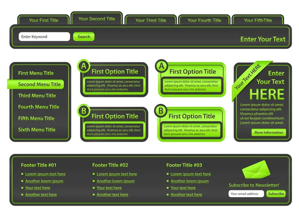 Set di elementi del sito web con menu in alto, menu laterale, banner e piè di pagina — Vettoriale Stock
