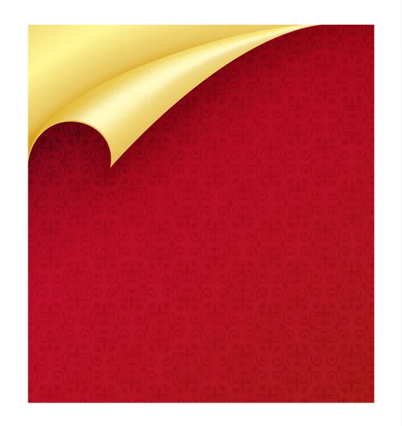 Red paper with vintage texture and curled corner in gold color — Stock Vector