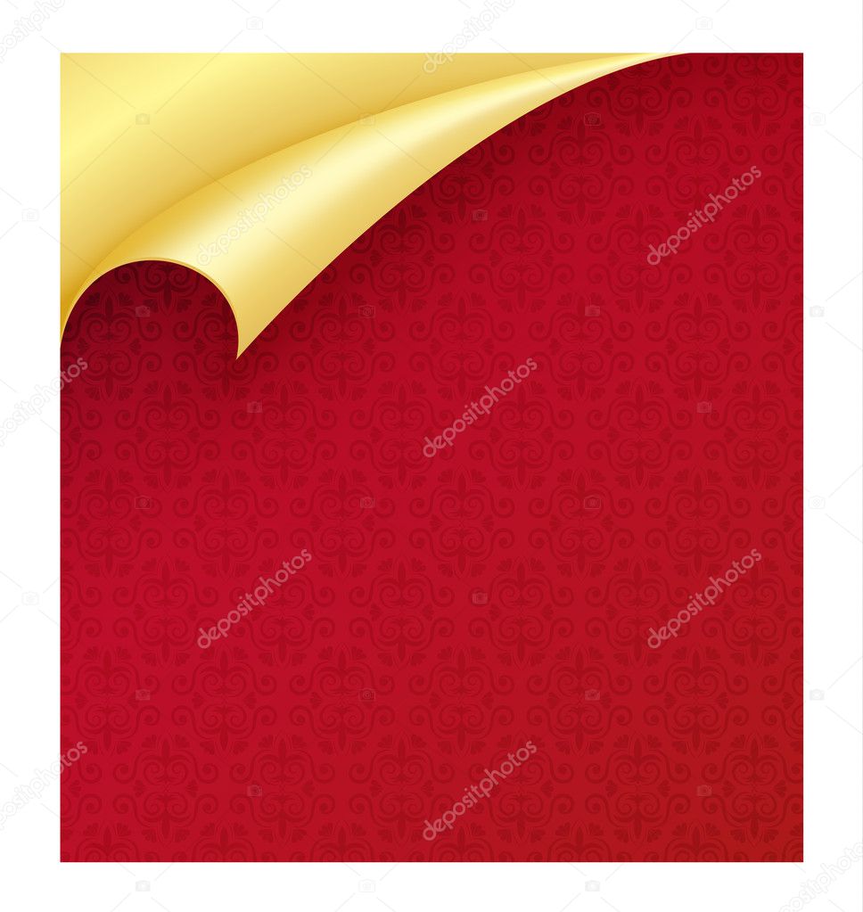 Red paper with vintage texture and curled corner in gold color