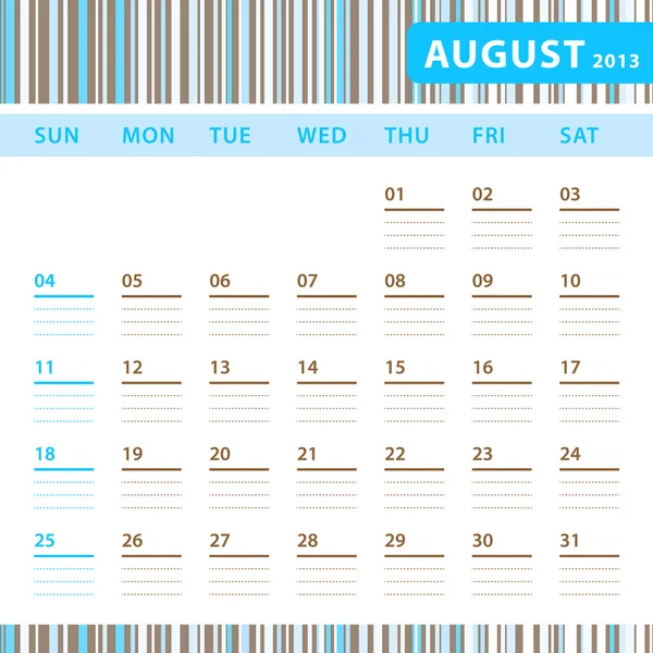 Planering kalender - augusti 2013 — Stock vektor