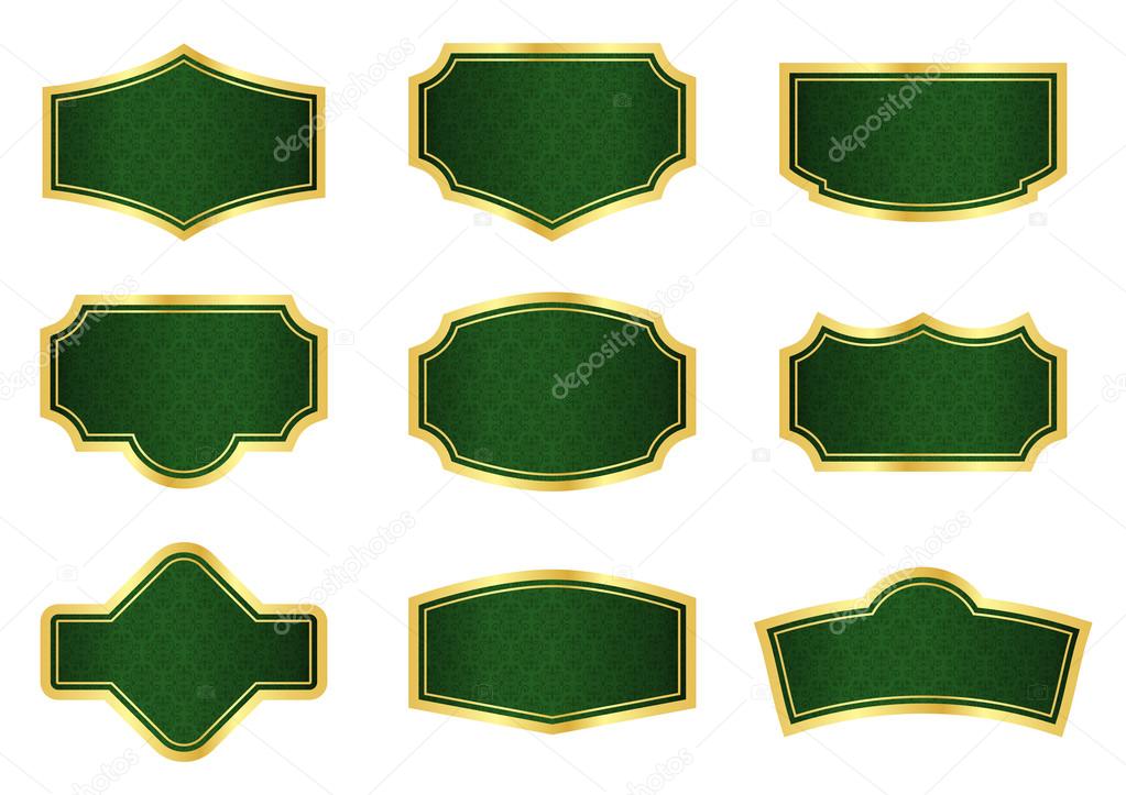 Dark green vine labels with gold frames