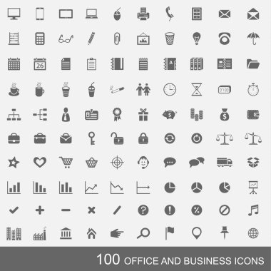 100 iş ve ofis simgeler kümesi. açık renkli ile basit koyu gri simgeleri.
