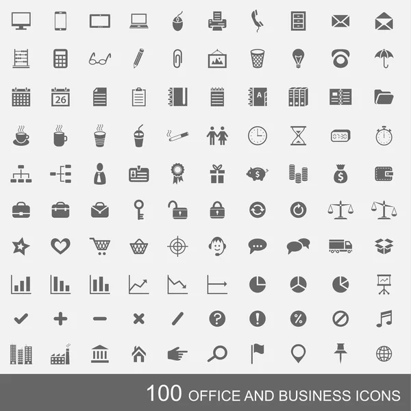 100 のビジネスやオフィスのアイコンのセットです。明るい背景で単純な濃いグレーのアイコン. — ストックベクタ