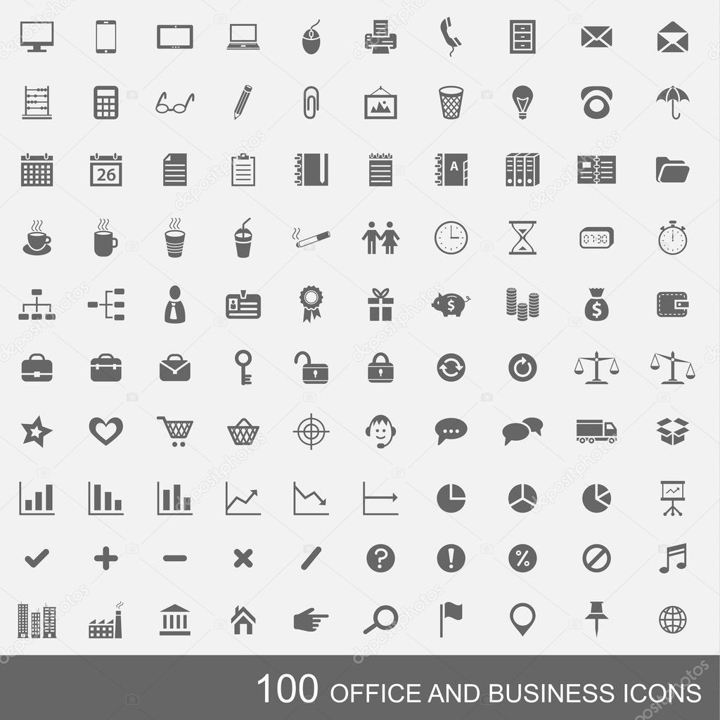 Set of 100 business and office icons. Simple dark grey icons with light background.