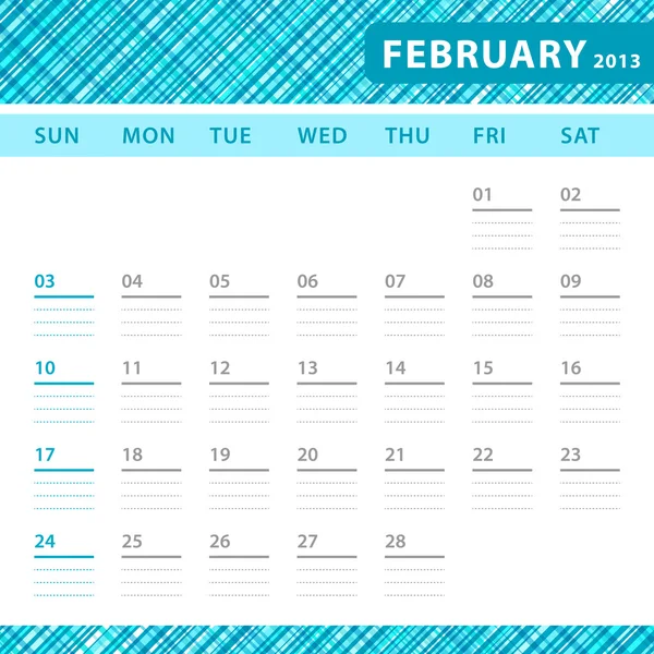Lutego 2013 planowania kalendarz z miejscem na notatki. sprawdzić niebieski tekstury w tle. — Wektor stockowy