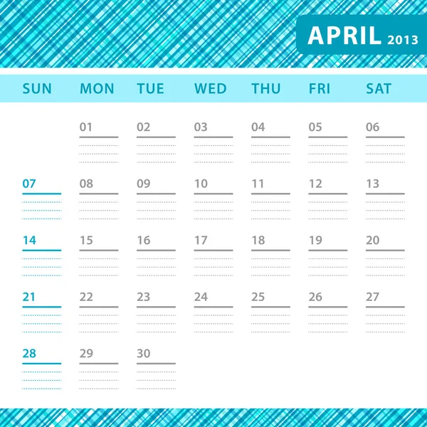 Abril 2013 planificación callendar con espacio para notas. Textura azul comprobada en el fondo . — Vector de stock