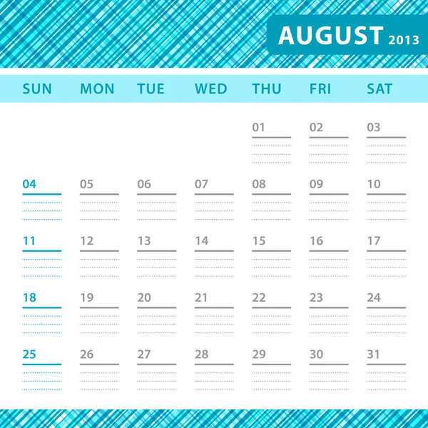 Agosto 2013 planeando callendar con espacio para apuntes. Extensión azul comprobada en segundo plano . — Vector de stock