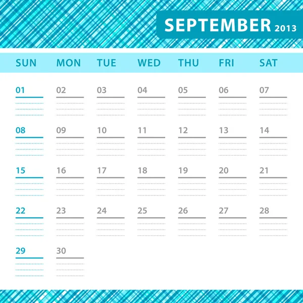 September 2013 planning callendar with space for notes. Checked blue texture in background. — Stock Vector