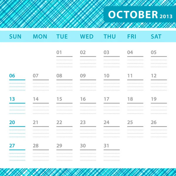 Планирование календаря на октябрь 2013 года с пространством для заметок. Проверил голубую текстуру на заднем плане . — стоковый вектор