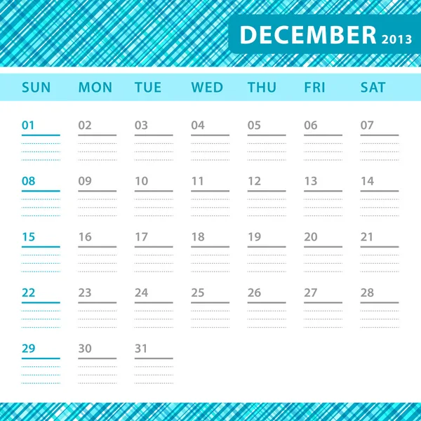 December 2013 planerar callendar med utrymme för anteckningar. kollade blue textur i bakgrunden. — Stock vektor