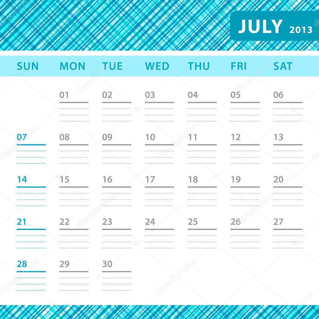 July 2013 planning callendar with space for notes. Checked blue texture in background.