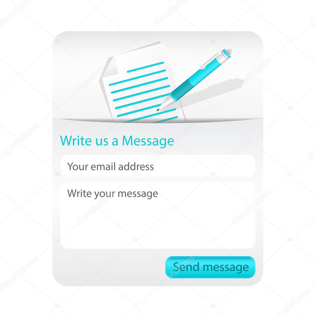 Contact form with light paper and blue ballpoint. Element for websites and mobile applications.