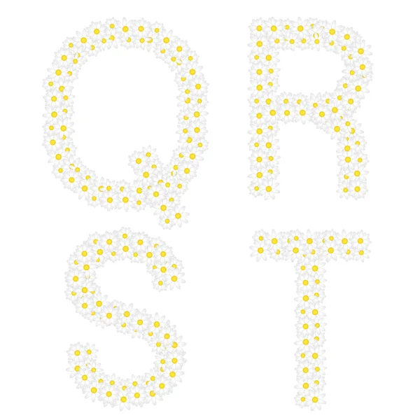 Cartas QRST compuestas de flores de margarita. Alfabeto completo en la galería . — Vector de stock