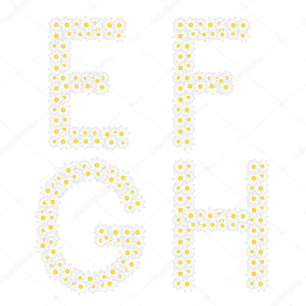 Letters EFGH composed from daisy flowers. Complete alphabet in the gallery.