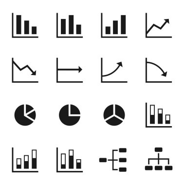 çeşitli grafikler ve diyagramlar beyaz arka plana sahip siyah simgeler