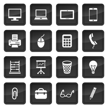 ofis cihazları ve ekipmanları ile arka planda dark düğme simgeleri