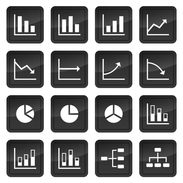 Icons of various charts and diagrams with black buttons in background — Stock Vector