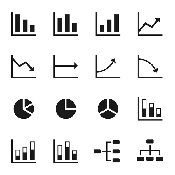 Zwarte iconen van verschillende grafieken en diagrammen met witte achtergrond — Stockvector