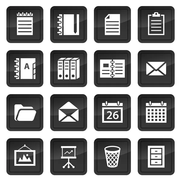 Ícones de escritório e documento com botões pretos com sombra —  Vetores de Stock