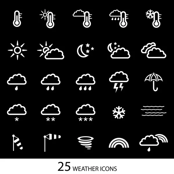 White weather icons with black background. Set of 25 icons. — Stock Vector